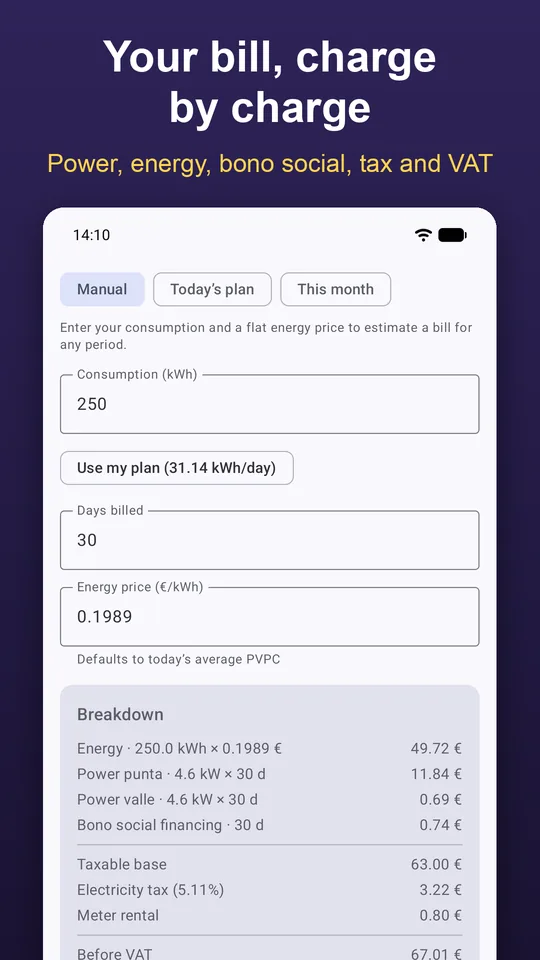 Bill calculator with the breakdown of energy, power punta and valle, bono social, electricity tax and VAT.