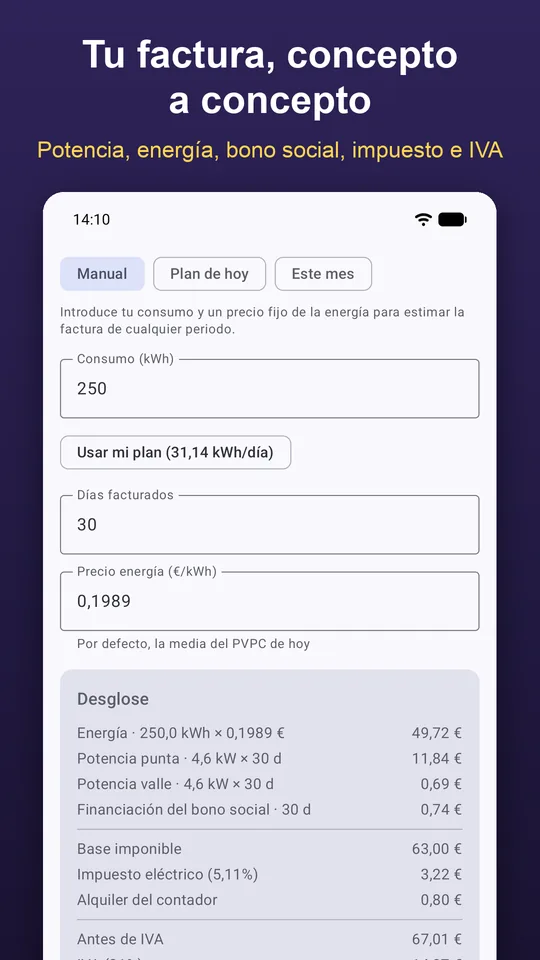 Calculadora de la factura con el desglose de energía, potencia punta y valle, bono social, impuesto eléctrico e IVA.