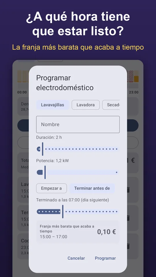 Programar un electrodoméstico para que termine antes de una hora, con la franja más barata que acaba a tiempo.